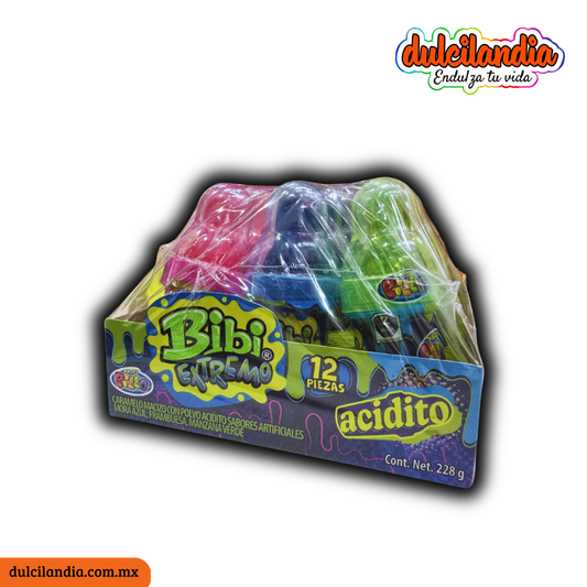 Bibi Extremo Caramelo con Polvo Acidito 19g DULCES PILLO Caja c/12