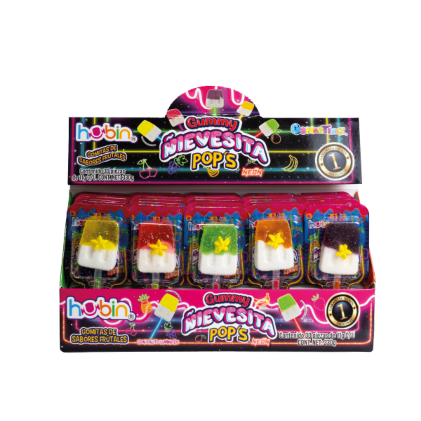 1 Novedad Gummy Nievesita Pop’s Neón 11g HUBIN Exhibidor c/30