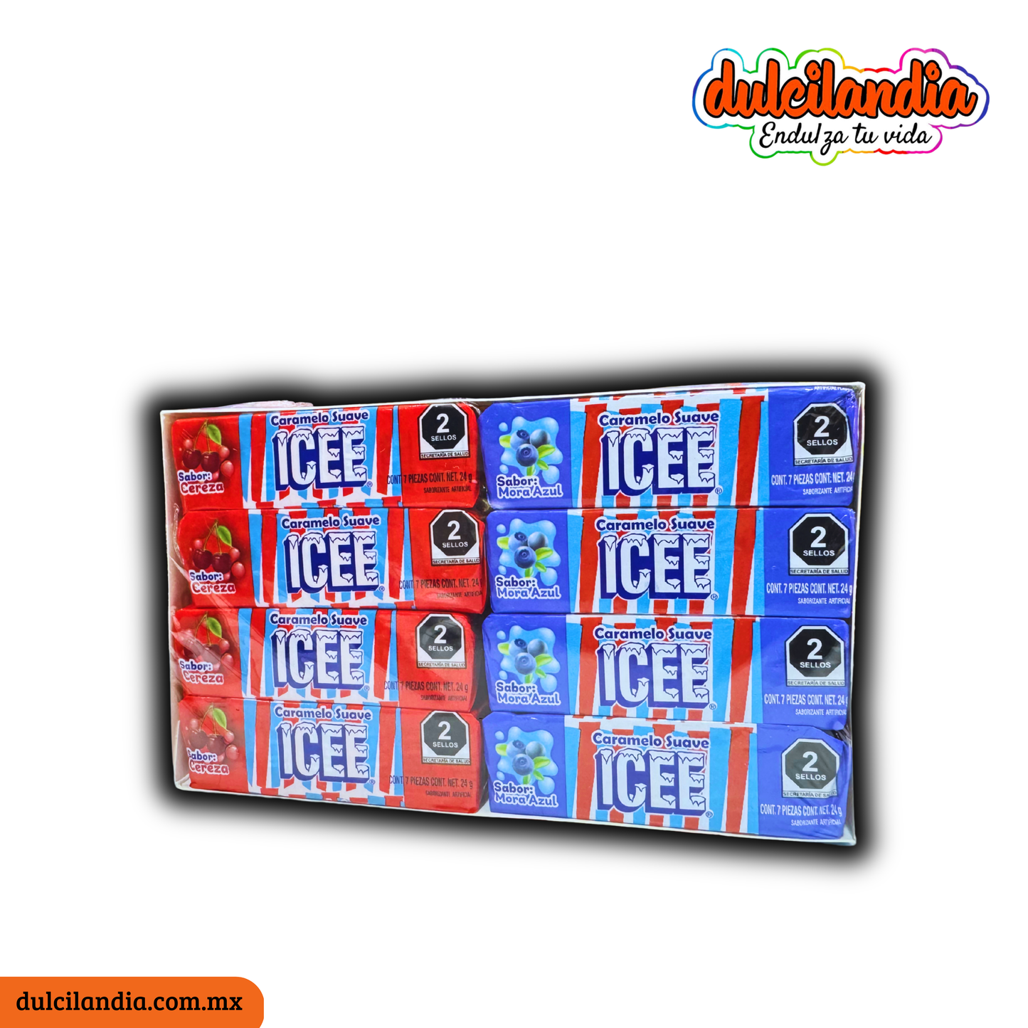 Caramelos ICEE Suaves Cuadretas Bisabor Cereza y Mora Azul Tubo 24g CANEL’S Caja c/24
