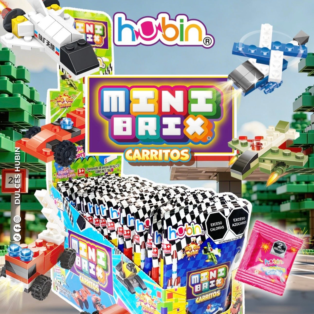 Mini Brix Carritos Juguete Sorpresa con Caramelo Tronador HUBIN Exhibidor c/18