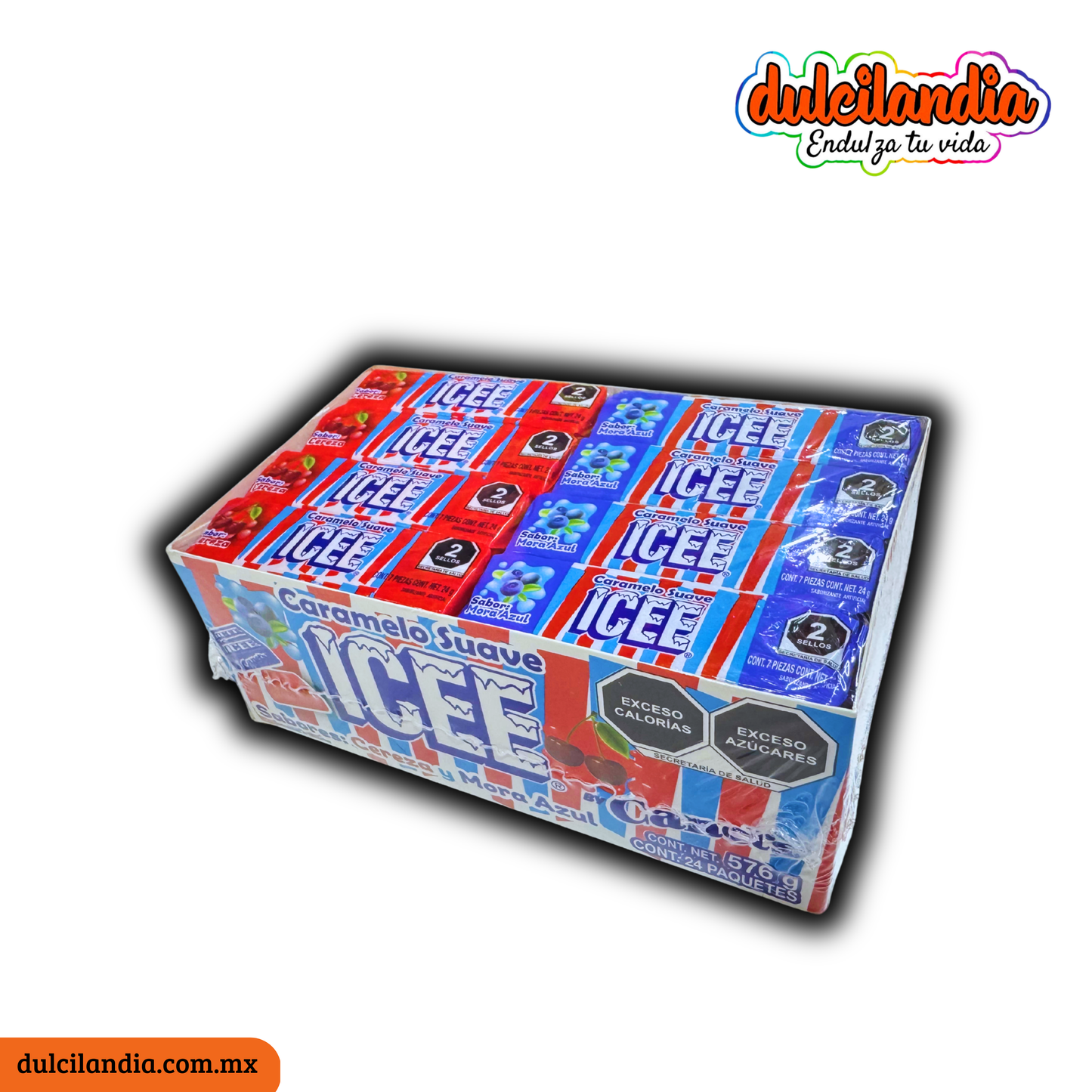 Caramelos ICEE Suaves Cuadretas Bisabor Cereza y Mora Azul Tubo 24g CANEL’S Caja c/24