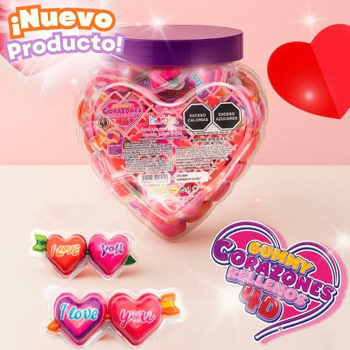 Gomitas Gummy Corazones Rellenos 4D 9g HUBIN Vitrolero c/30