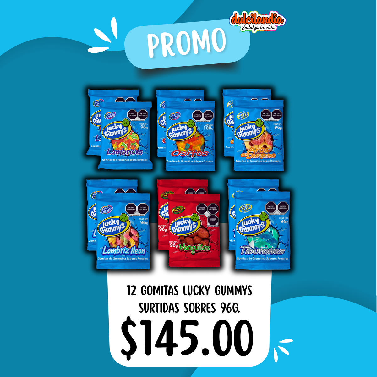 1 Promo Gomitas Surtidas Sobres LUCKY GUMMYS Exhibidor c/12