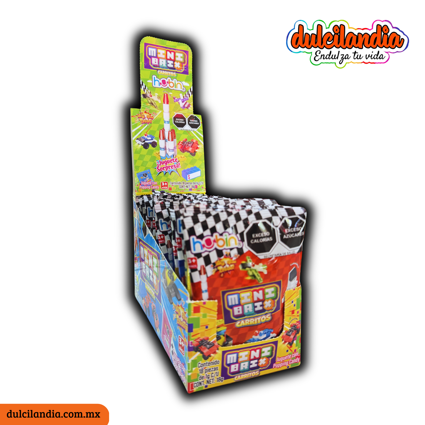 Mini Brix Carritos Juguete Sorpresa con Caramelo Tronador HUBIN Exhibidor c/18