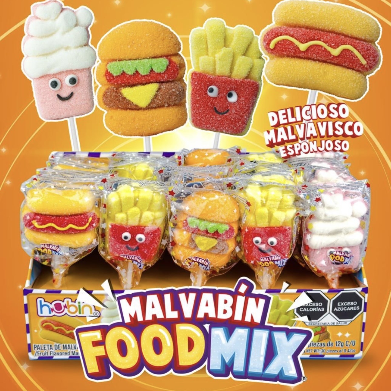 Paletas de Malvavisco Malvabín Food Mix Surtida 12g HUBIN Exhibidor c/30