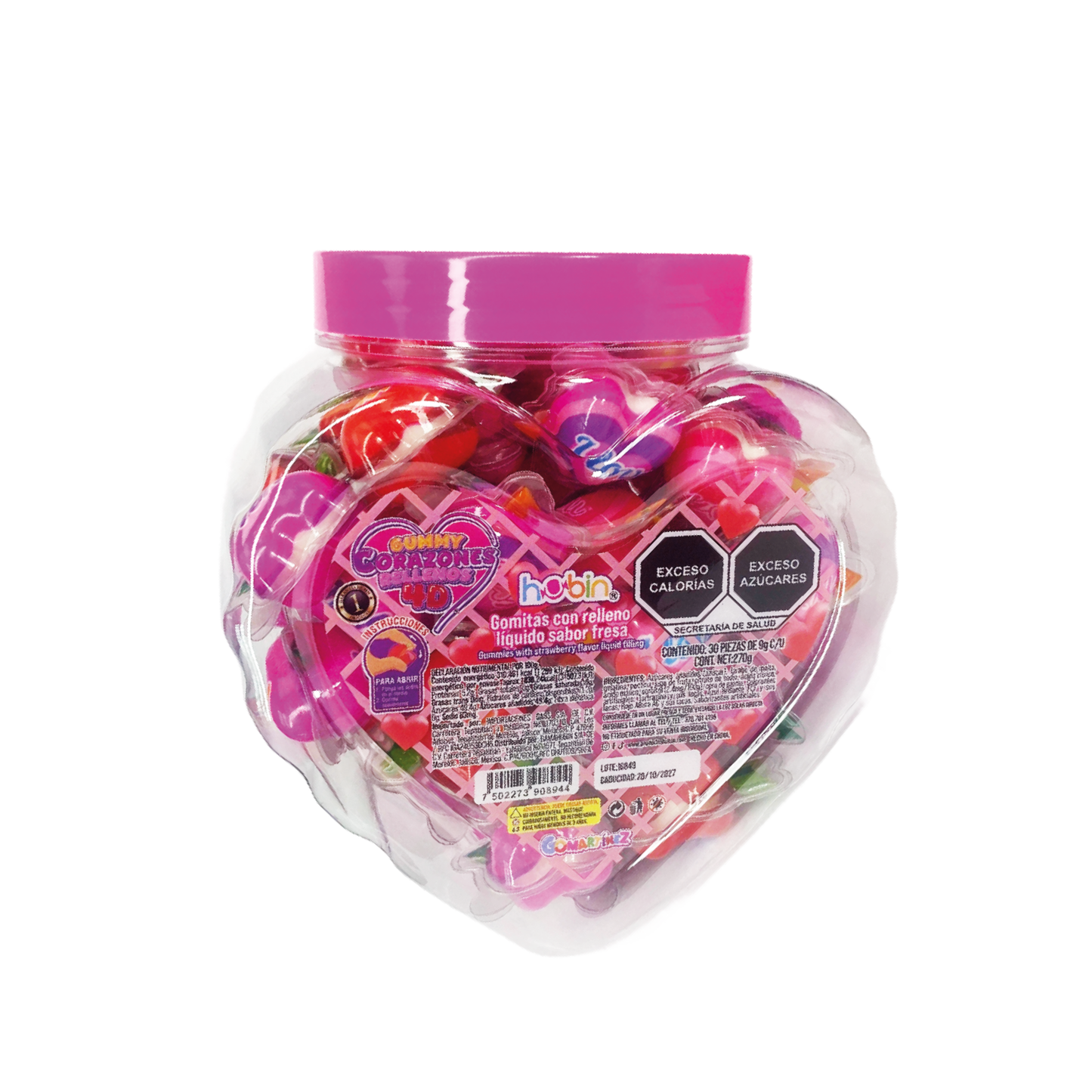 Gomitas Gummy Corazones Rellenos 4D 9g HUBIN Vitrolero c/30