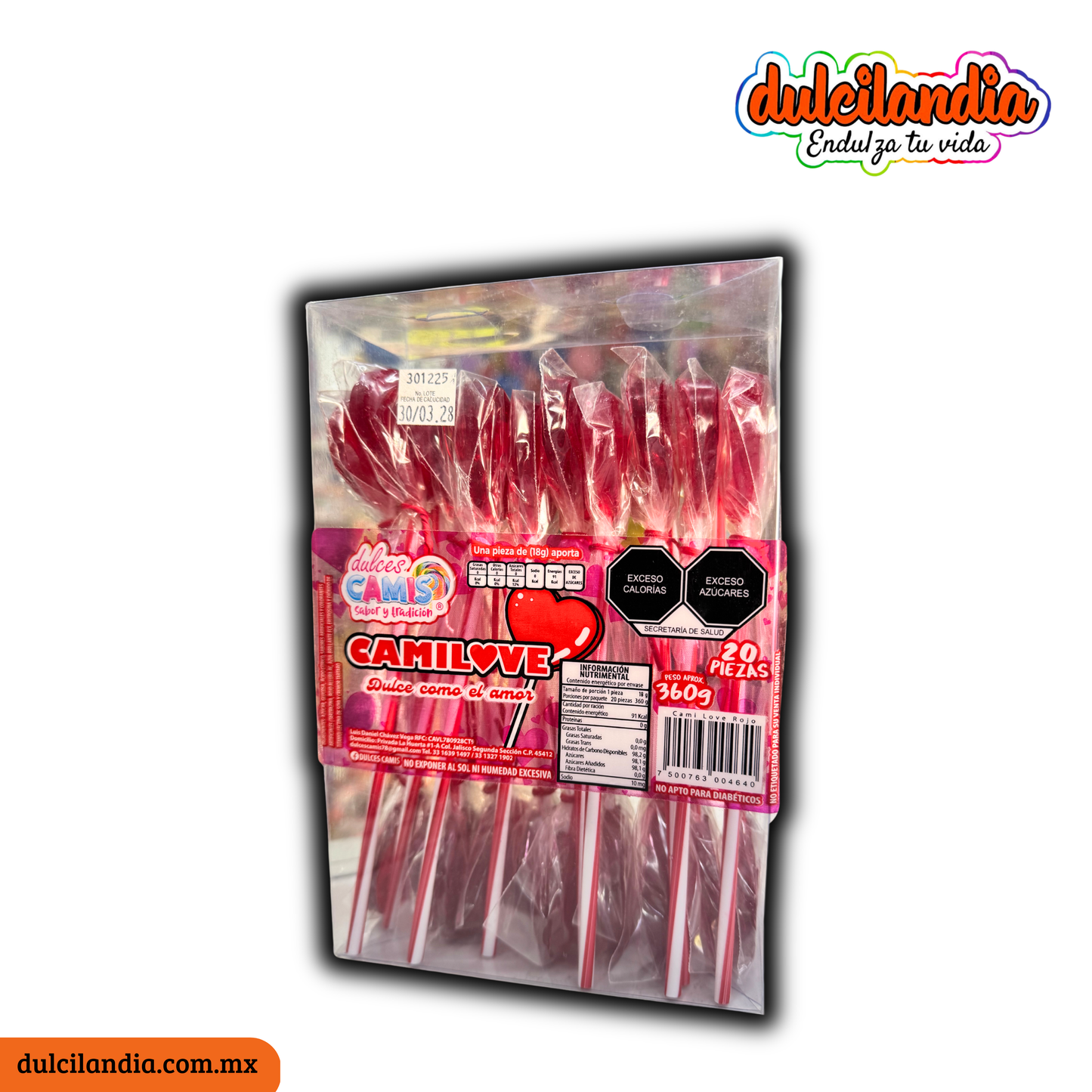 Paletas Corazón Camilove Cereza 18g DULCES CAMIS Estuche c/20