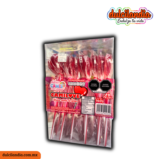 Paletas Corazón Camilove Cereza 18g DULCES CAMIS Estuche c/20