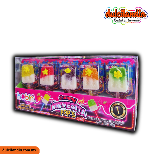 1 Novedad Gummy Nievesita Pop’s Neón 11g HUBIN Exhibidor c/30