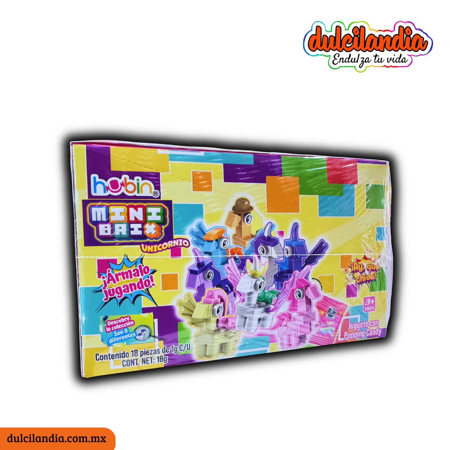 Mini Brix Unicornio Juguete Sorpresa con Caramelo Tronador HUBIN Exhibidor c/18