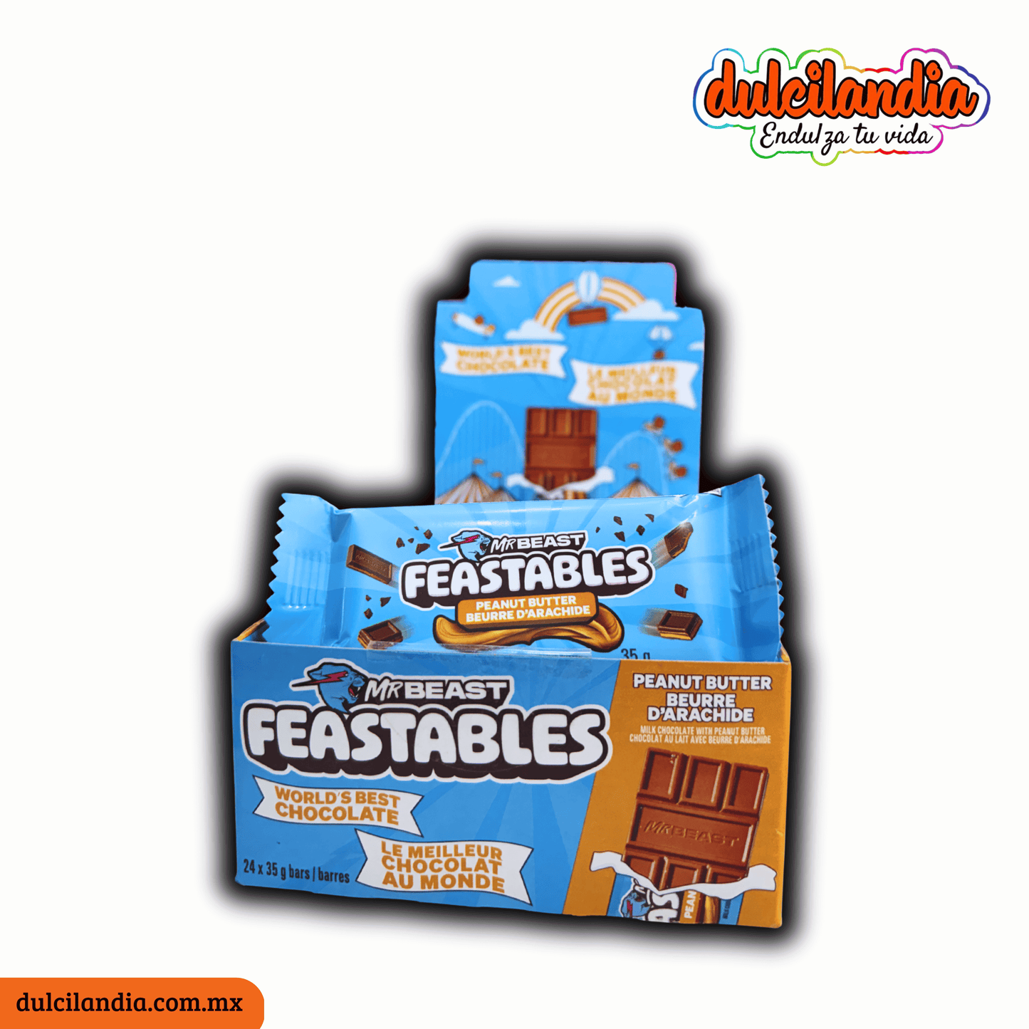 Chocolates Feastables Peanut Butter Barra 35g MR BEAST Exhibidor c/24