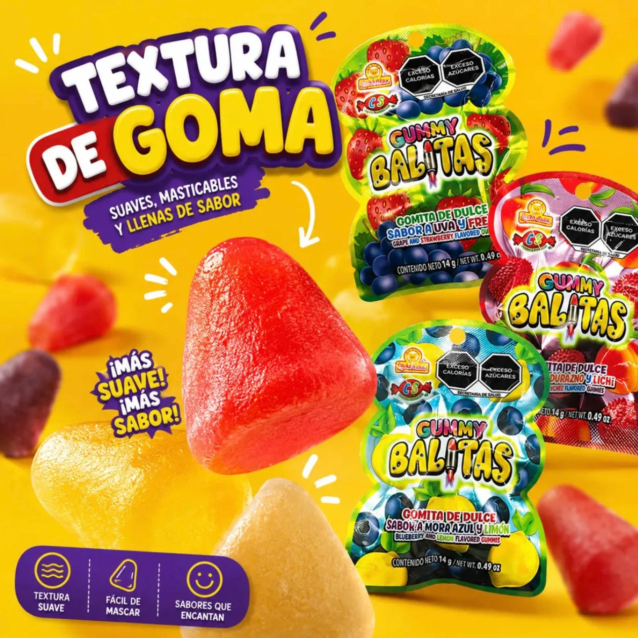 Gummy Balitas Gomitas Frutales Surtidas Sobres 14g LAS DELICIAS Exhibidor c/24