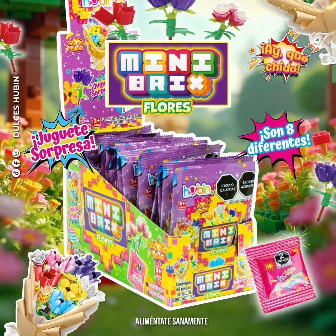 Mini Brix Flores Juguete Sorpresa con Caramelo Tronador HUBIN Exhibidor c/18