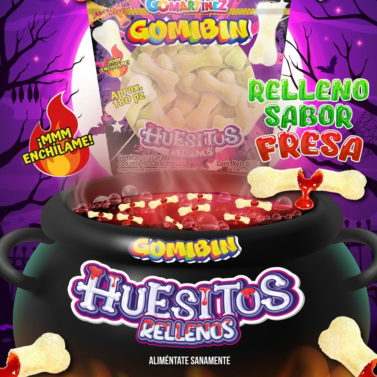 Gomitas Gomibin Huesitos Rellenos Fresa HUBIN Bolsa 900g c/180