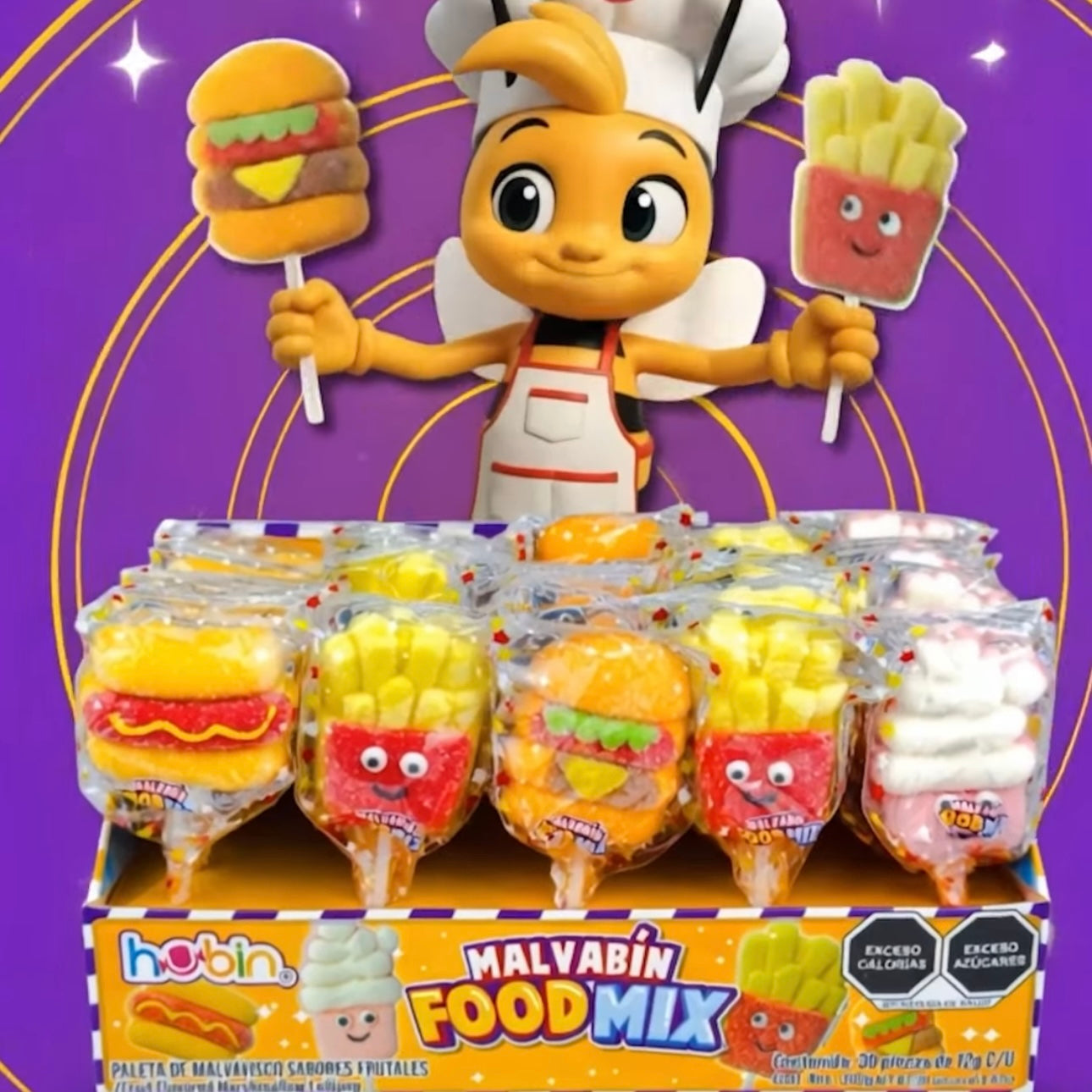 Paletas de Malvavisco Malvabín Food Mix Surtida 12g HUBIN Exhibidor c/30