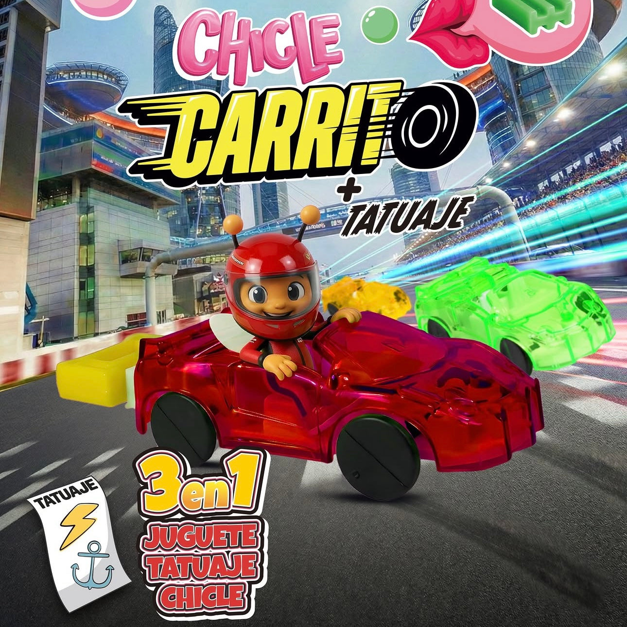 Chicle Carrito + Tatuaje 3 en 1 HUBIN Exhibidor c/30