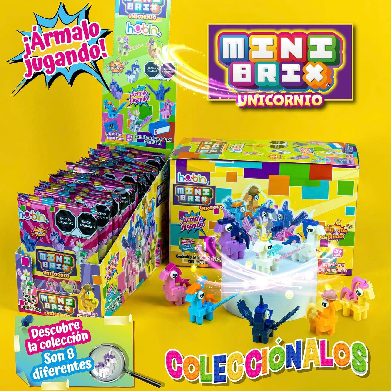 Mini Brix Unicornio Juguete Sorpresa con Caramelo Tronador HUBIN Exhibidor c/18