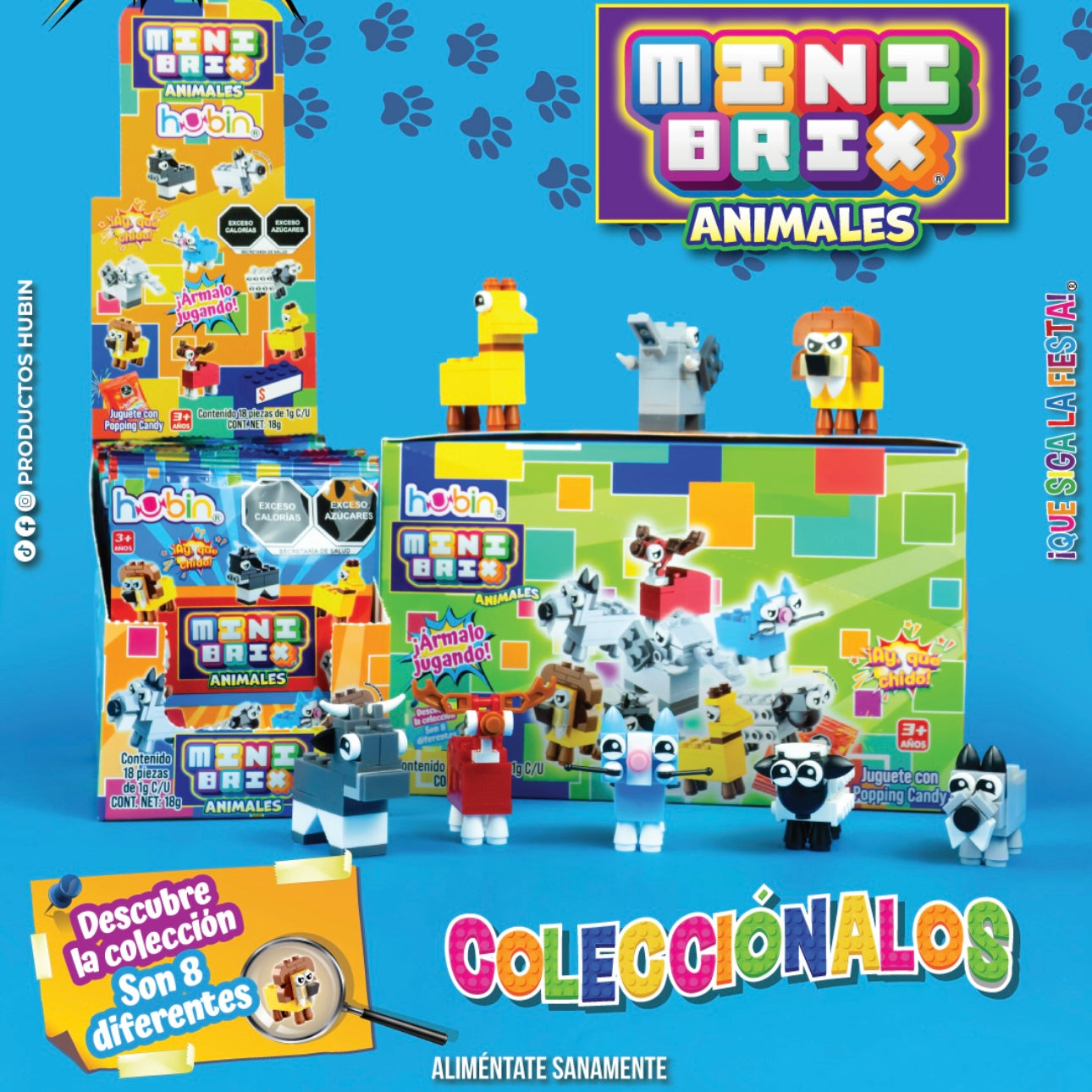 Mini Brix Animales Juguete Sorpresa con Caramelo Tronador HUBIN Exhibidor c/18