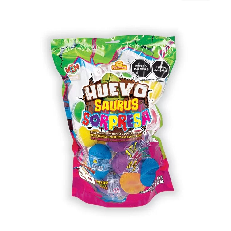 Huevo Saurus Sorpresa 3 en 1 Dulce, Tatuaje y Juguete LAS DELICIAS Bolsa c/20