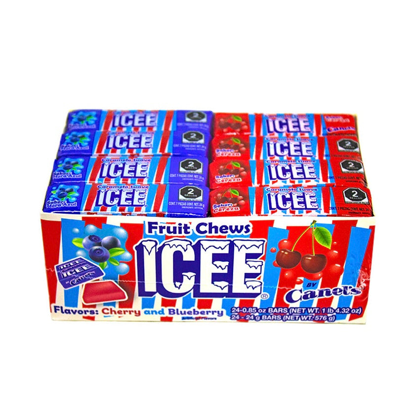 Caramelos ICEE Suaves Cuadretas Bisabor Cereza y Mora Azul Tubo 24g CANEL’S Caja c/24