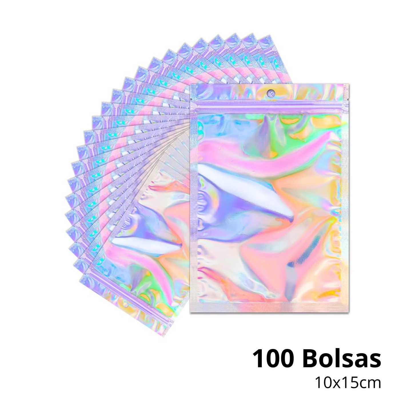 Bolsas Holográficas Tornasol Resellables 10x15cm ARANDAS Empaque c/100