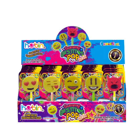 Gomitas Gummy Gestitos Pop Neón 11g HUBIN Exhibidor c/30