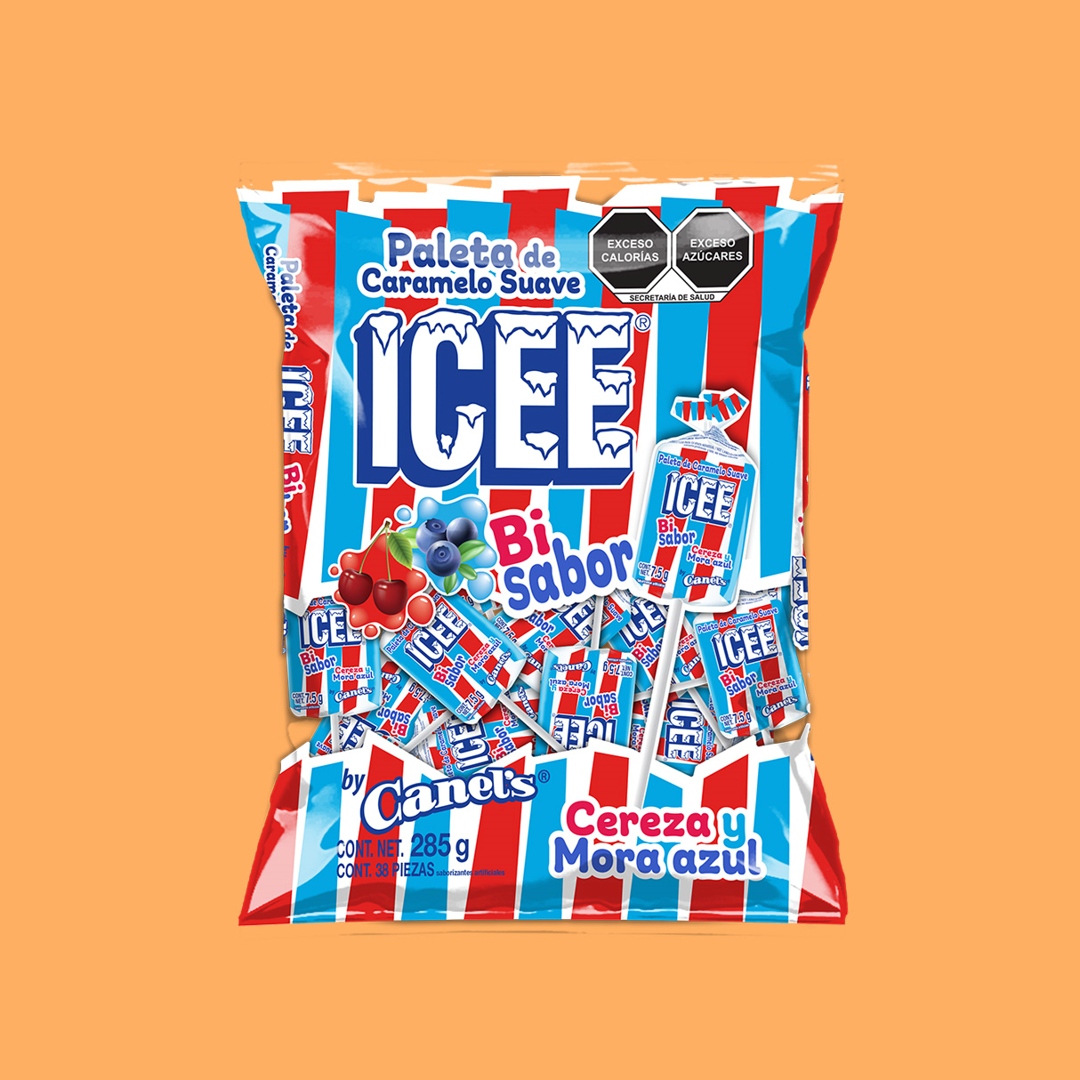 Paletas ICEE Bisabor Cereza y Mora Azul 7.5g CANEL’S Bolsa c/38
