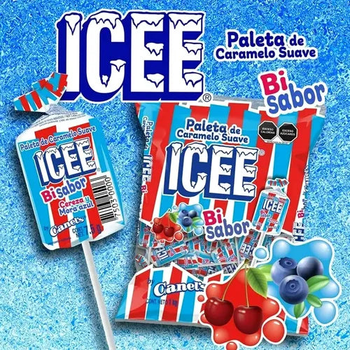 Paletas ICEE Bisabor Cereza y Mora Azul 7.5g CANEL’S Bolsa c/38