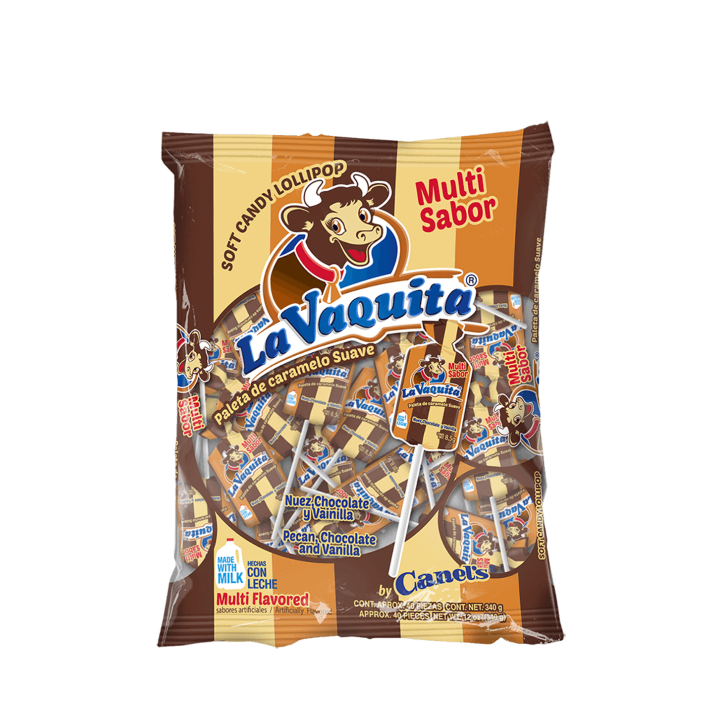 Paletas La Vaquita Multisabor Nuez, Chocolate y Vainilla 7.5g CANEL’S Bolsa c/40