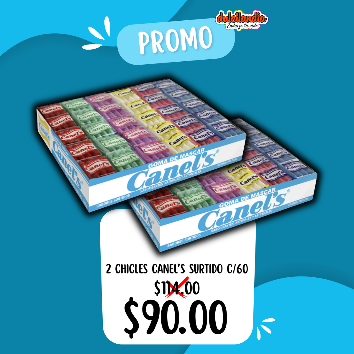 1 Promo 2 Chicles Surtidos 4’s CANEL’S Caja c/60