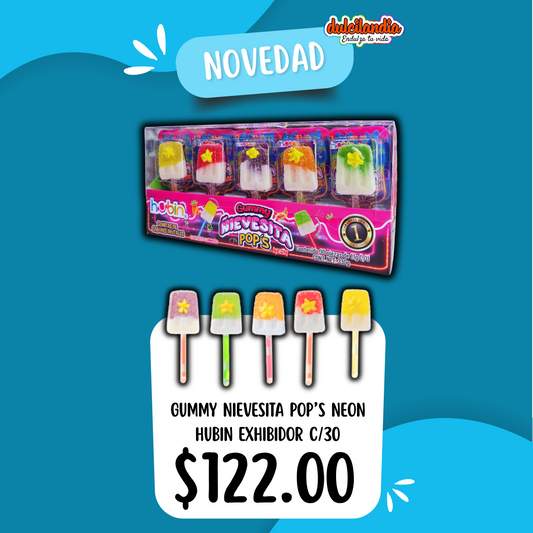 1 Novedad Gummy Nievesita Pop’s Neón 11g HUBIN Exhibidor c/30