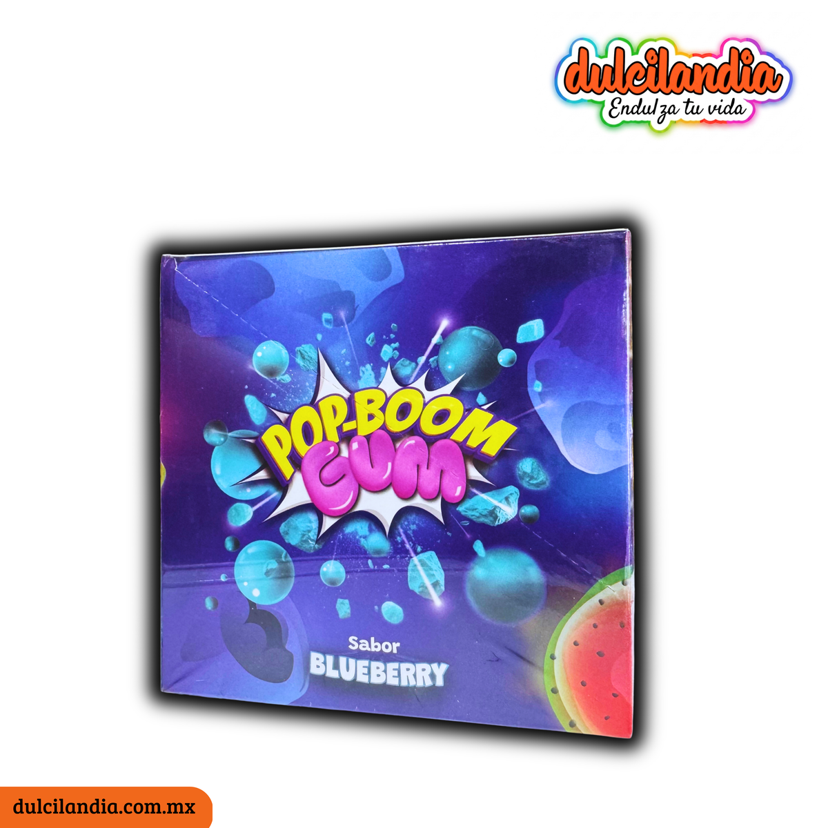 Pop-Boom Gum Chicle en Polvo con Caramelo Tronador Sandía y Blueberry 12g PAFFY Caja c/12