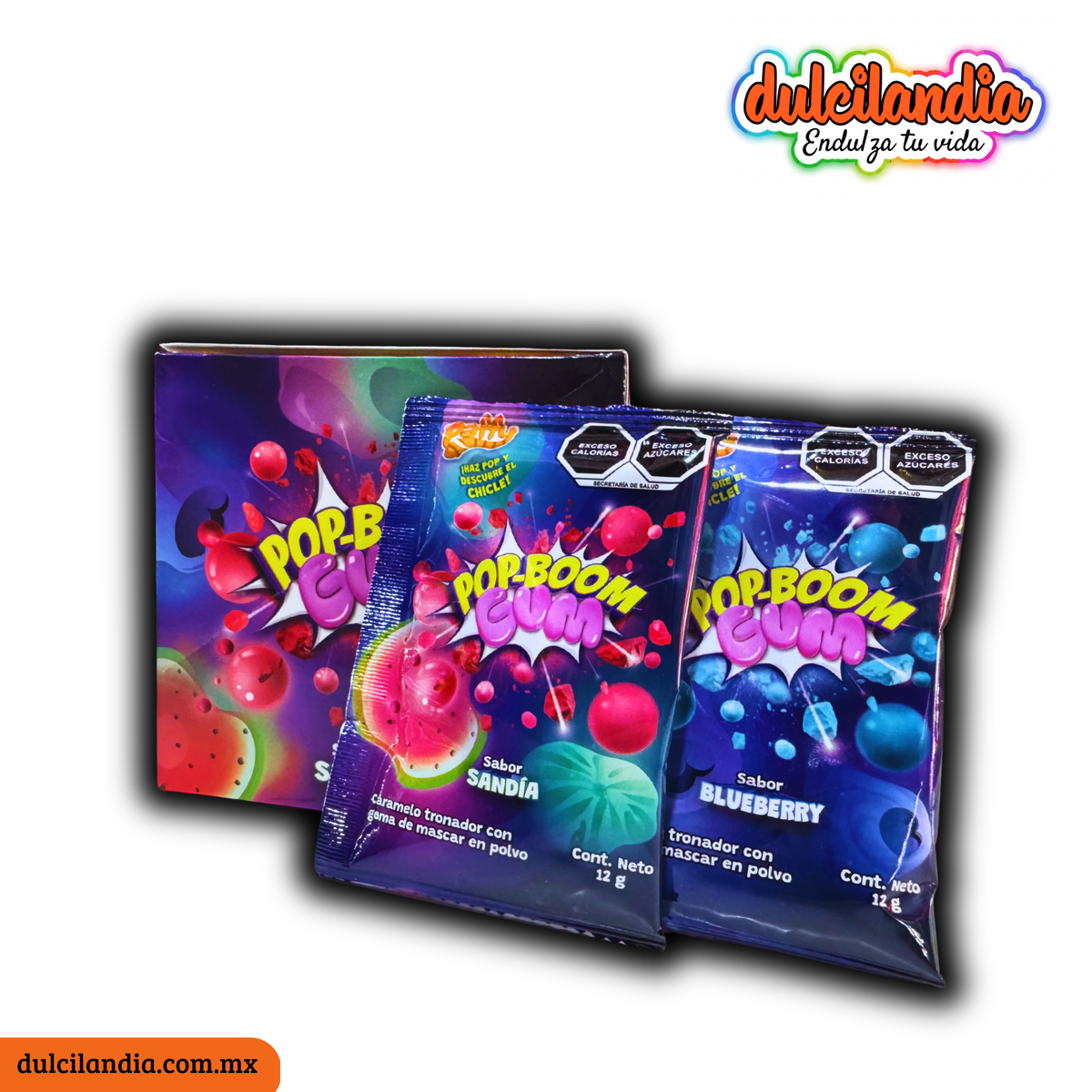 Pop-Boom Gum Chicle en Polvo con Caramelo Tronador Sandía y Blueberry 12g PAFFY Caja c/12
