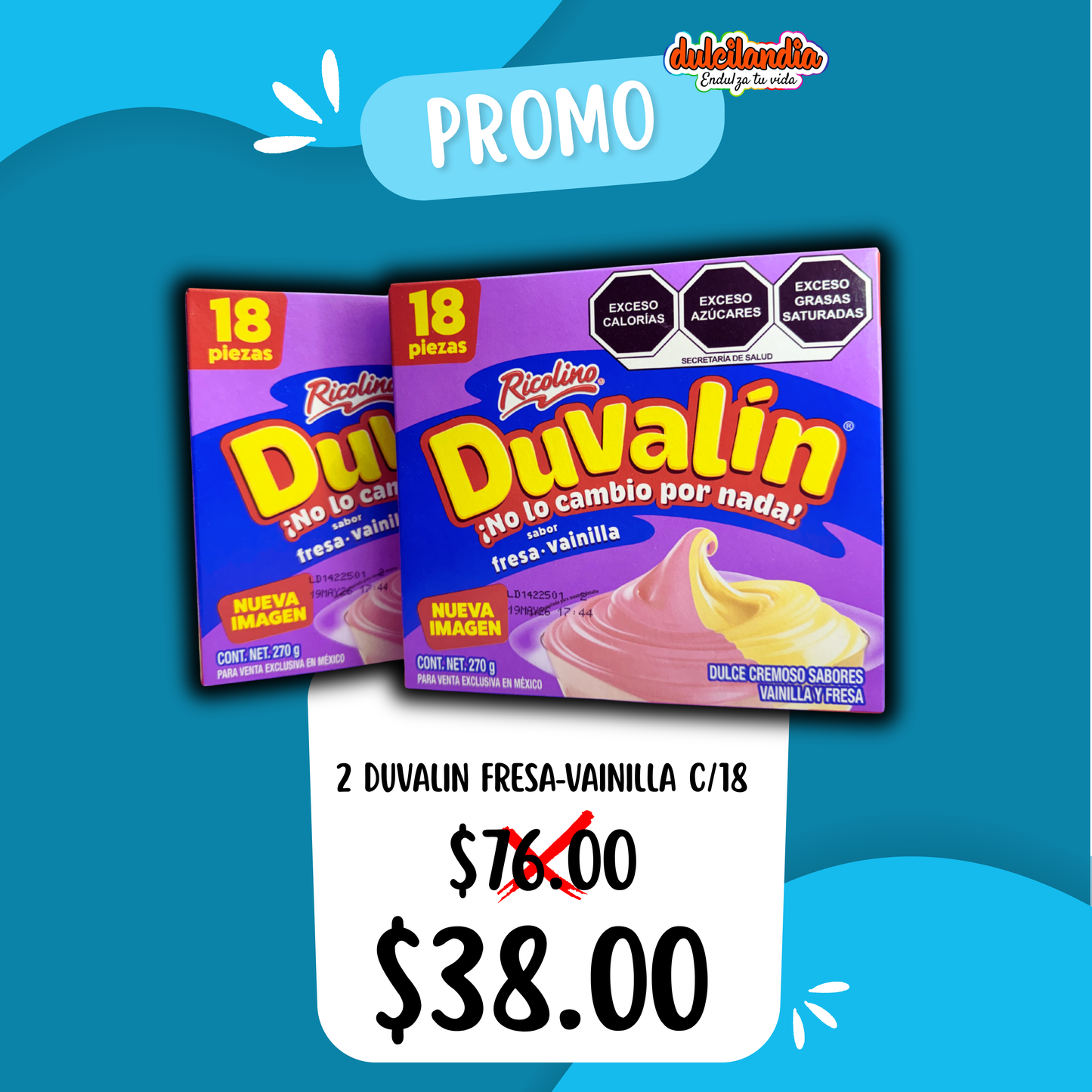1 Promo 2x1 Duvalín Bisabor Fresa-Vainilla RICOLINO Caja c/18