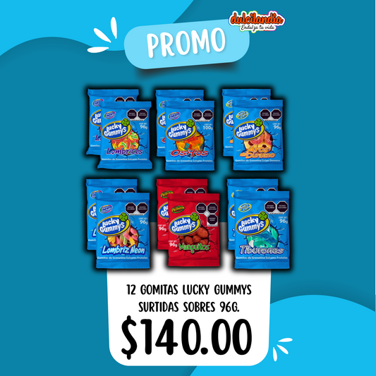 1 Promo Gomitas Surtidas Sobres LUCKY GUMMYS Exhibidor c/12