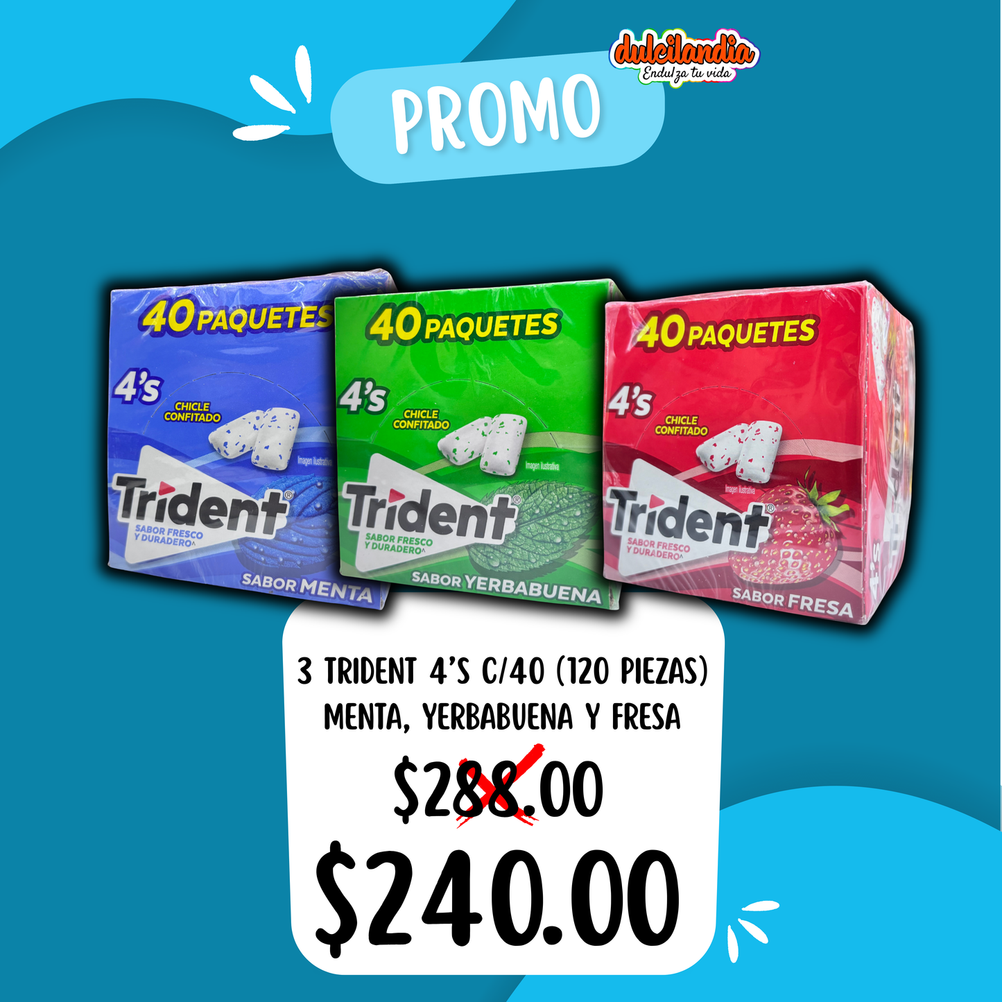1 Promo 3 Chicles Trident 4’s Menta, Yerbabuena y Fresa MONDELĒZ Caja c/40 (120 Piezas)