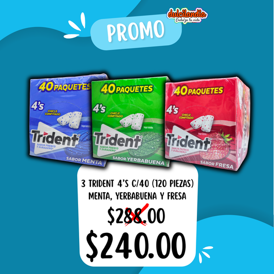 1 Promo 3 Chicles Trident 4’s Menta, Yerbabuena y Fresa MONDELĒZ Caja c/40 (120 Piezas)