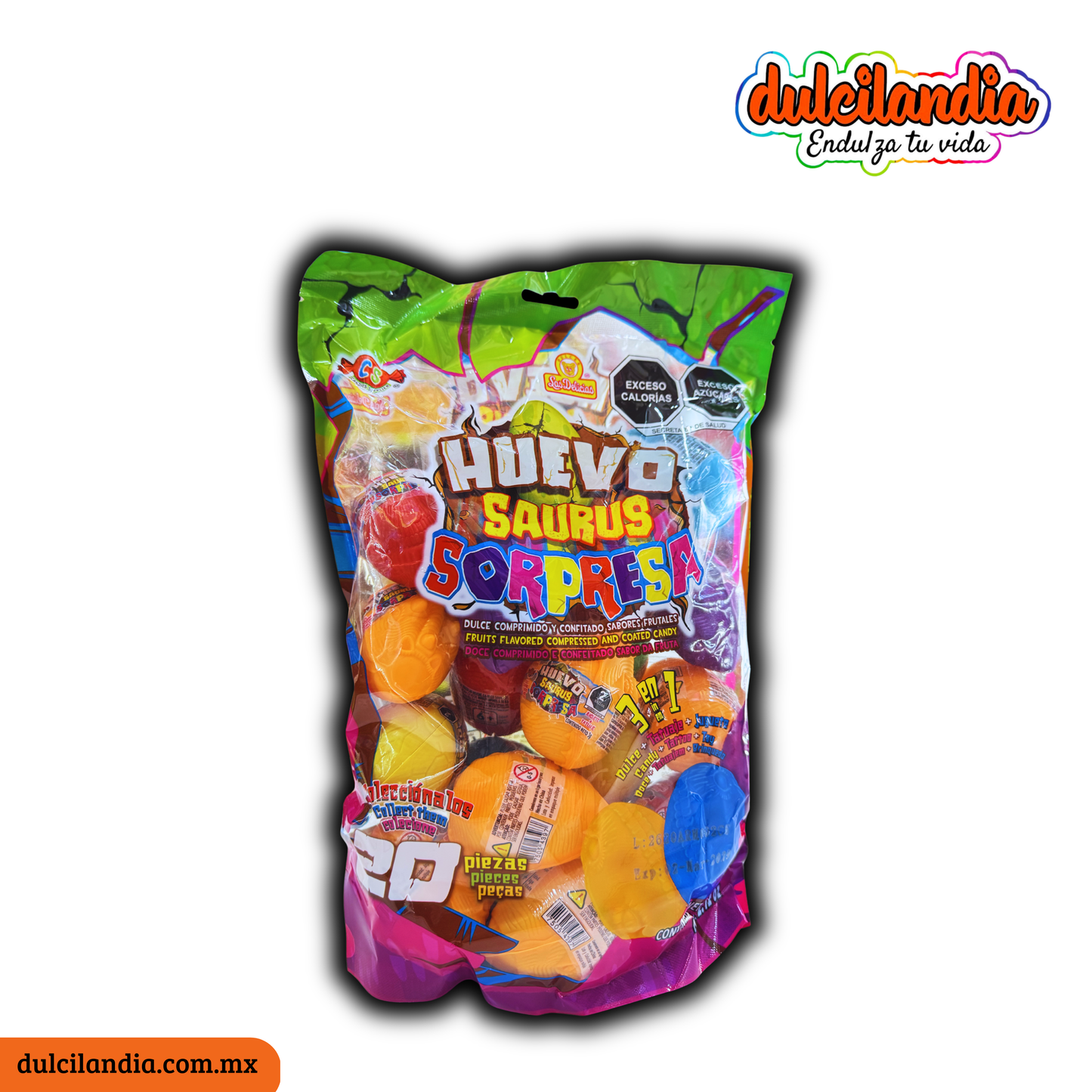 Huevo Saurus Sorpresa 3 en 1 Dulce, Tatuaje y Juguete LAS DELICIAS Bolsa c/20